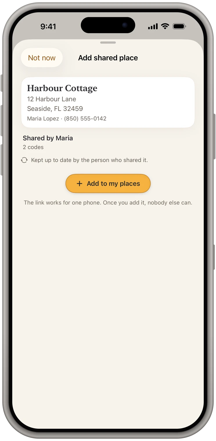 Adding a shared place from an invite: who shared it, the place, how many codes, and Add to my places