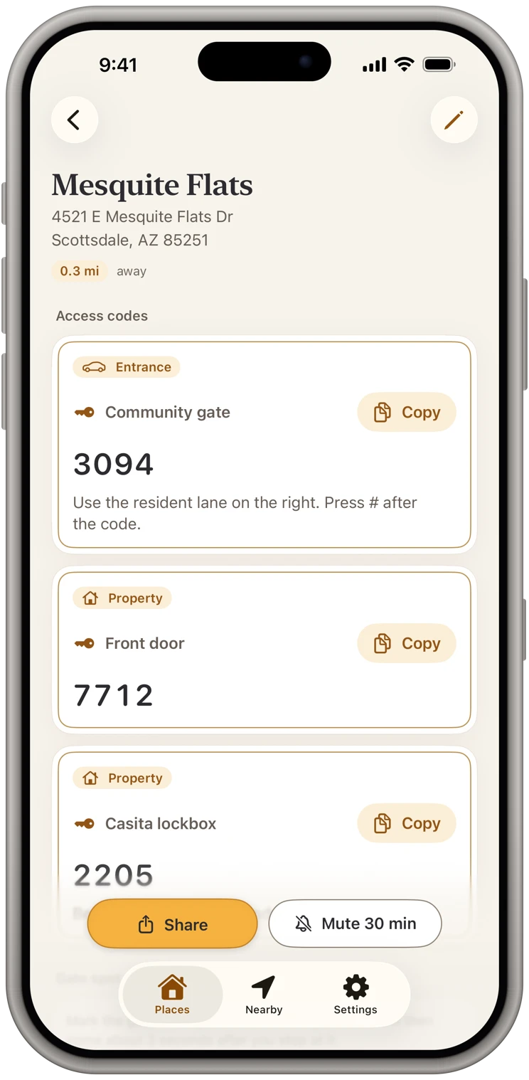 Mesquite Flats, a gated community: its community gate code tagged Entrance, and the front door and casita lockbox codes tagged Property