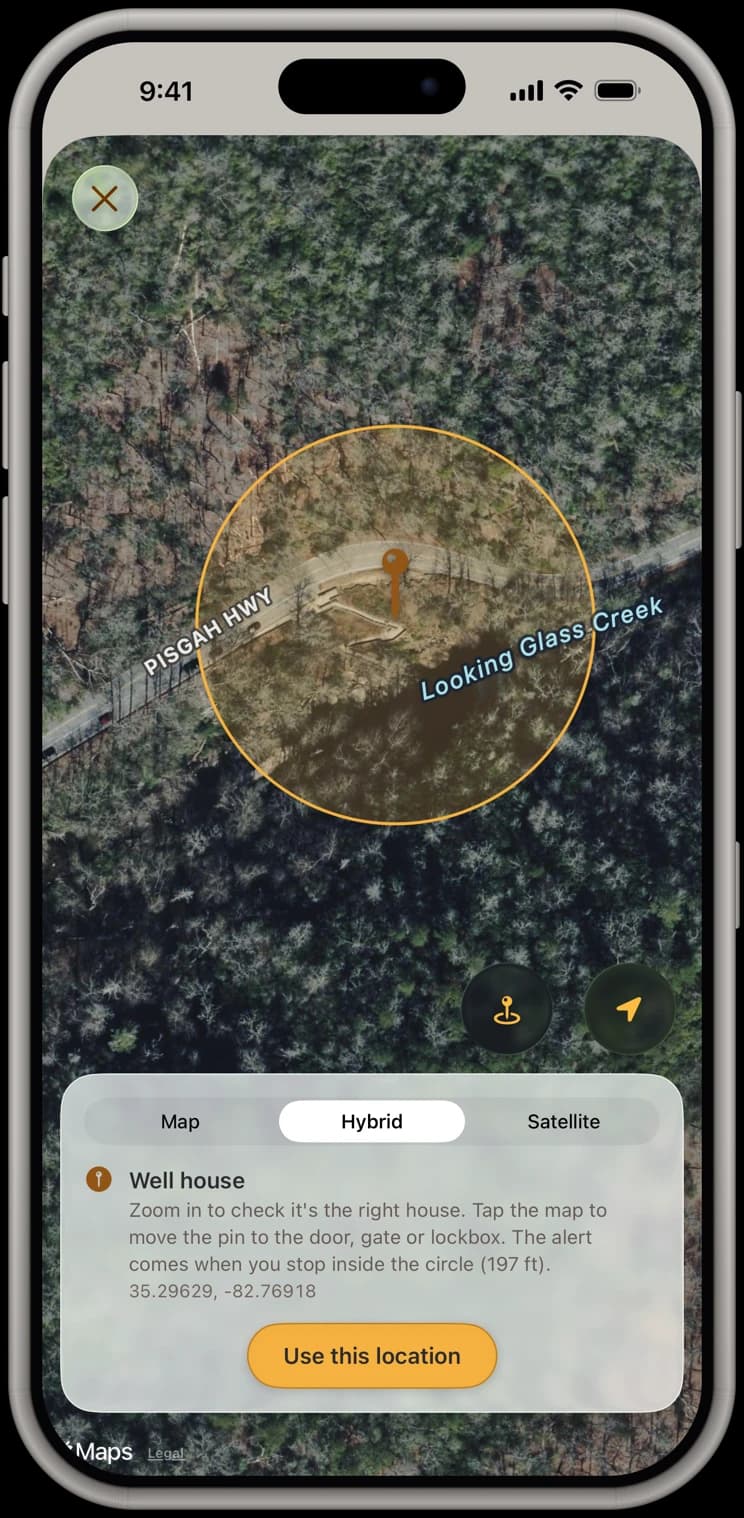 Placing the pin for a well house off Pisgah Highway on a satellite map, with the alert circle around it