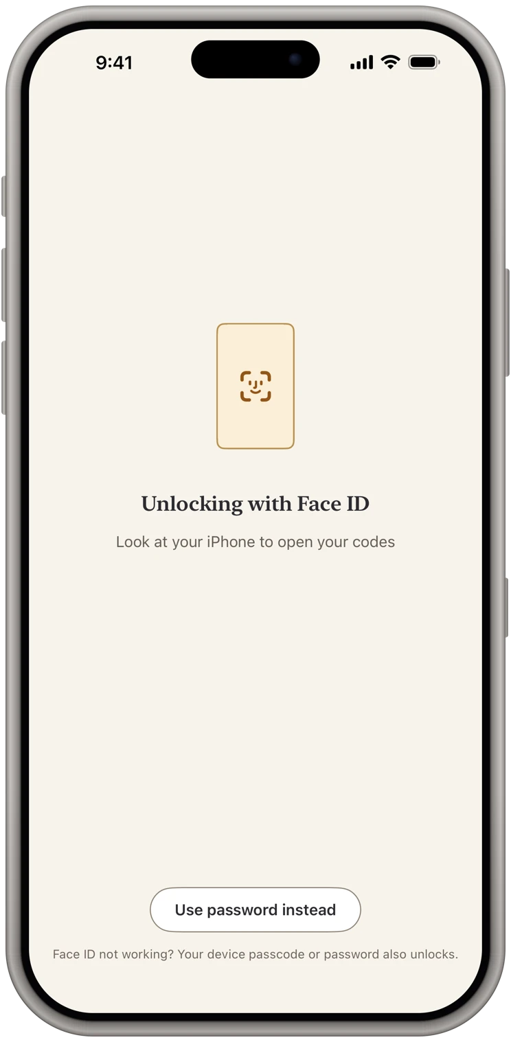 The unlock screen: KeyCodeNavigator stays locked until Face ID