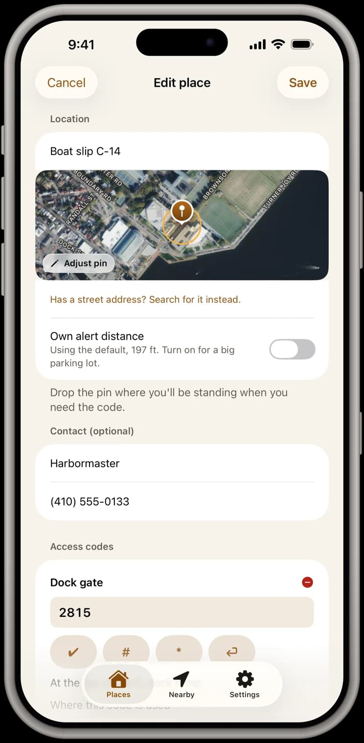 Editing Boat slip C-14, a place with no street address: its pin on a satellite map, the harbormaster's number and the dock gate code