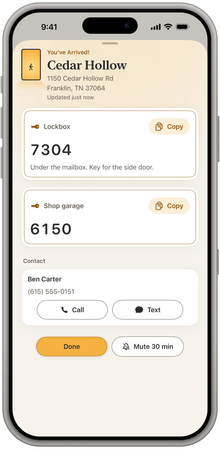 KeyCodeNavigator's arrival screen showing a property's lockbox and garage codes with Copy buttons