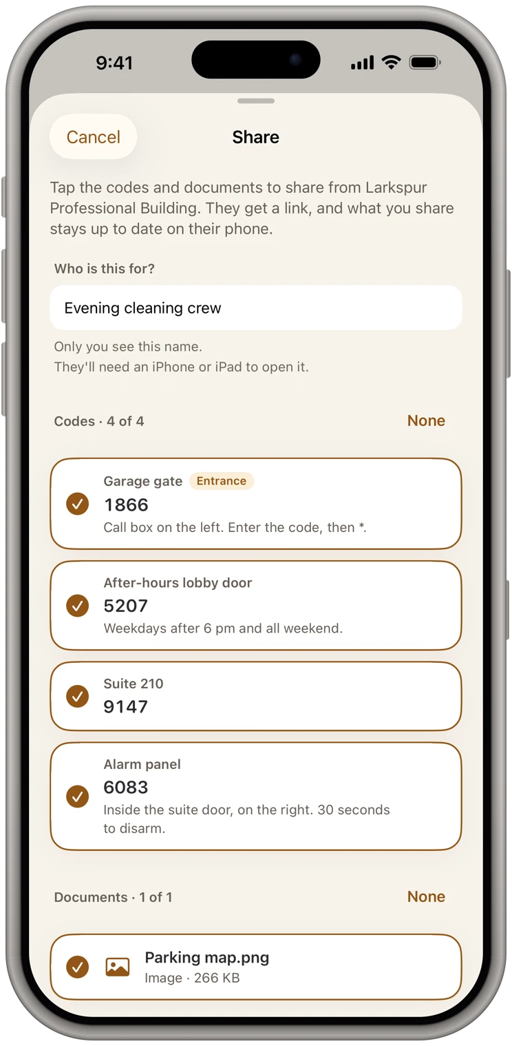 Sharing one office building with one person in KeyCodeNavigator: choosing which of its codes and documents they get
