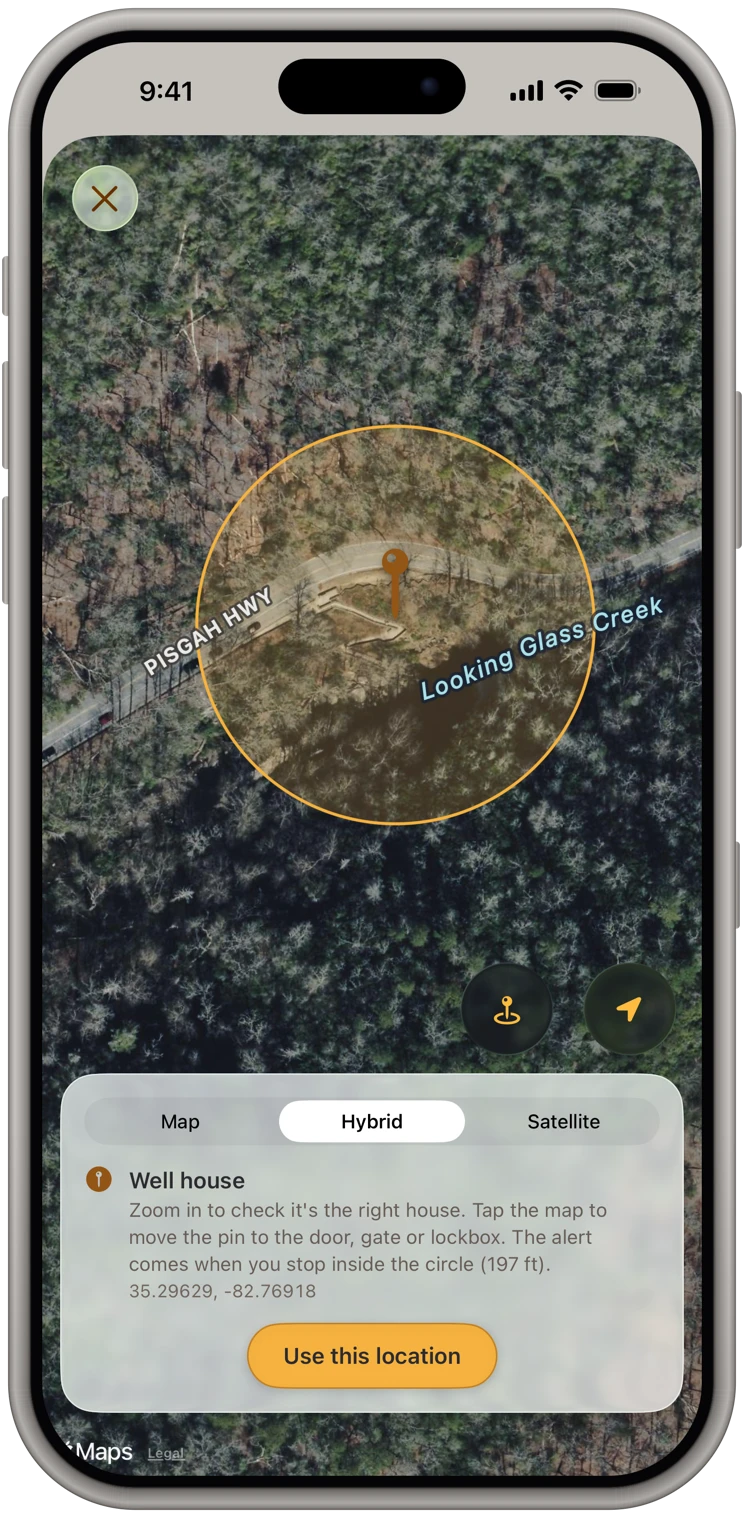 A well house with no street address, pinned on a satellite map in KeyCodeNavigator